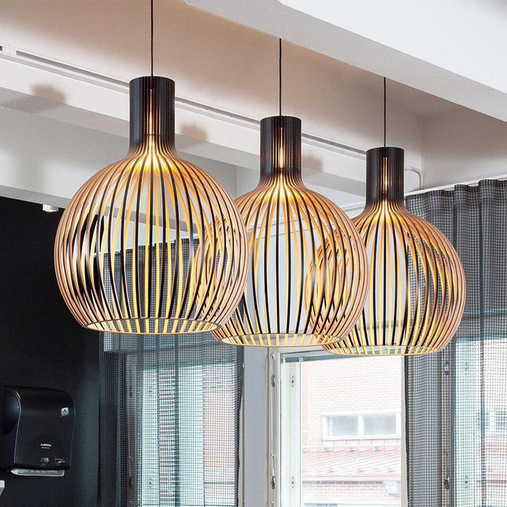 Moderne hängende Holzpendelleuchten, dreifach, rund, skandinavisches Design, Wohnzimmerbeleuchtung.