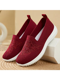 Rote Damen-Sneaker aus Mesh mit Blumenstickerei, atmungsaktiv, rutschfeste Sohle.
