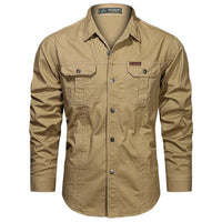 Herrenhemd beige, langarm, Baumwolle, Outdoor, mehrere Taschen, modisch, Herbstkleidung.