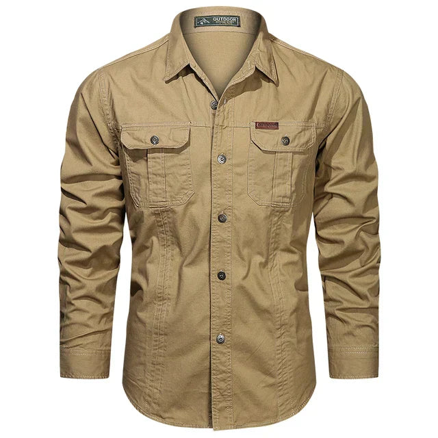 Herrenhemd beige, langarm, Baumwolle, Outdoor, mehrere Taschen, modisch, Herbstkleidung.