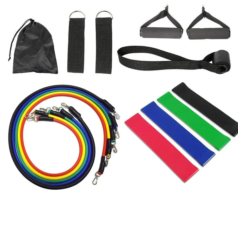Fitness-Widerstandsbänder Set, bunt, mit Griffen und Tasche, für Heimtraining und Muskelaufbau.