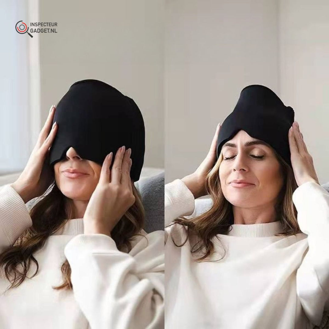 Frau mit schwarzer Schlafmaske, Entspannung, Stressabbau, bequem, Schlafhilfe, Wellness.
