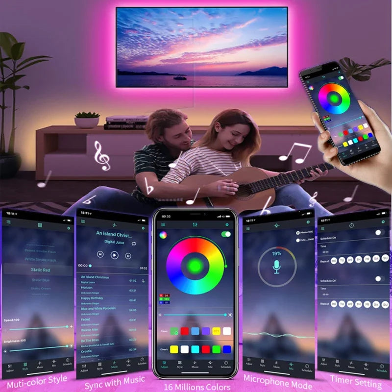 Smart LED-Lichtstreifen, RGB, App-gesteuert, Musik-Synchronisation, Wohnzimmer, stimmungsvolle Beleuchtung.