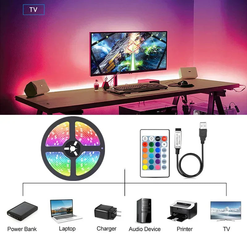 LED-Lichtstreifen mit Fernbedienung, RGB, USB-Anschluss, ideal für TV-Hintergrundbeleuchtung.