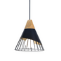 Schwarze und holzfarbene Pendelleuchte, Metall und Holz, modernes Design, Innenbeleuchtung.