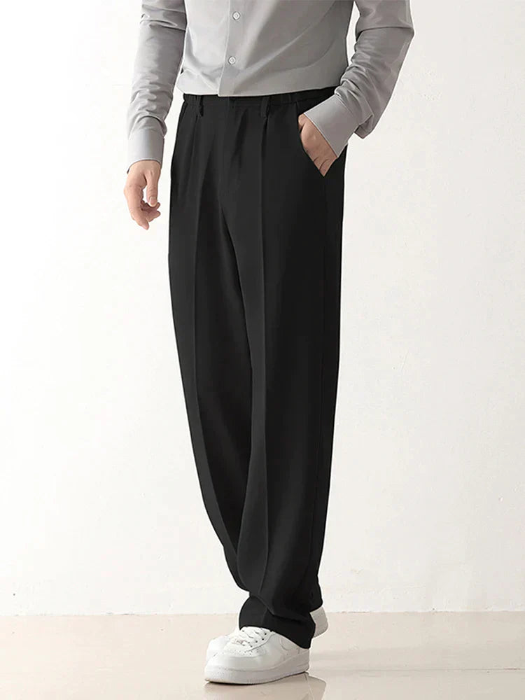 Schwarze Herren-Casual-Hose, Polyester, locker, gerade geschnitten, modisch, mit Taschen.