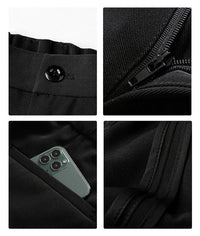 Schwarze Herrenhose, Polyester, Reißverschluss, Knopf, Tasche mit Smartphone, modisch, casual.