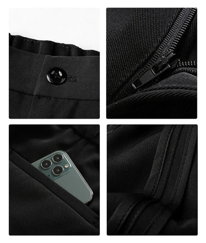 Schwarze Herrenhose, Polyester, Reißverschluss, Knopf, Tasche mit Smartphone, modisch, casual.