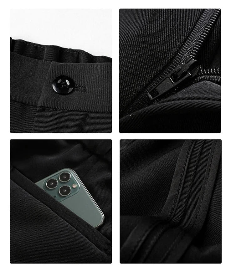 Schwarze Herrenhose, Polyester, Reißverschluss, Knopf, Tasche mit Smartphone, modisch, casual.