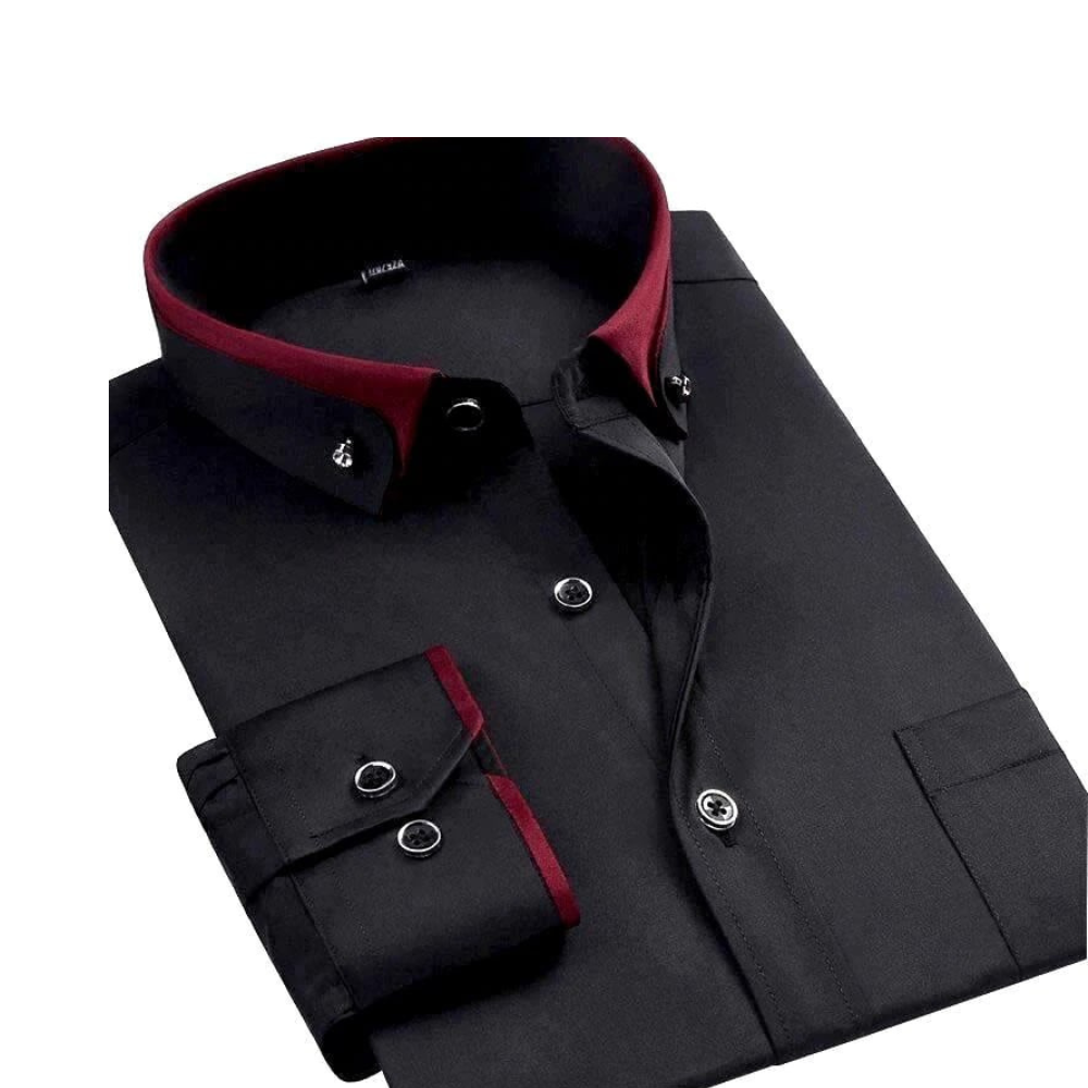 Schwarzes Herrenhemd mit rotem Kragen, Knopfleiste, elegantes Design, Baumwolle.