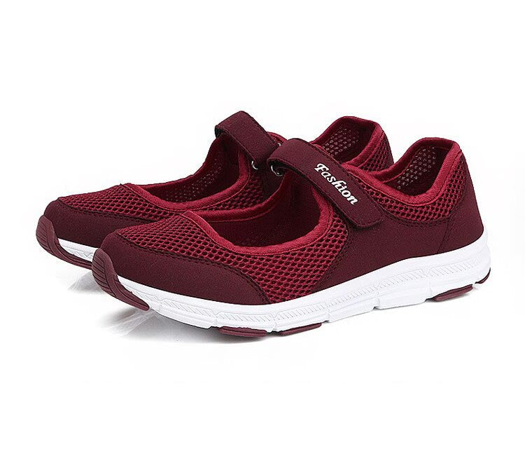 Bordeauxrote Mesh-Sneaker, atmungsaktiv, bequem, Damen, Klettverschluss, weiße Sohle.