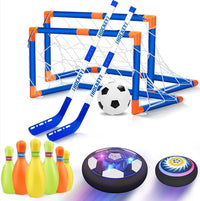 Mini-Hockey-Set mit Toren, Schlägern, Ball, Kegel und Hoverball, blau-orange, Indoor-Spielzeug.