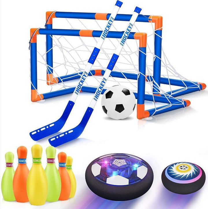 Mini-Hockey-Set mit Toren, Schlägern, Ball, Kegel und Hoverball, blau-orange, Indoor-Spielzeug.