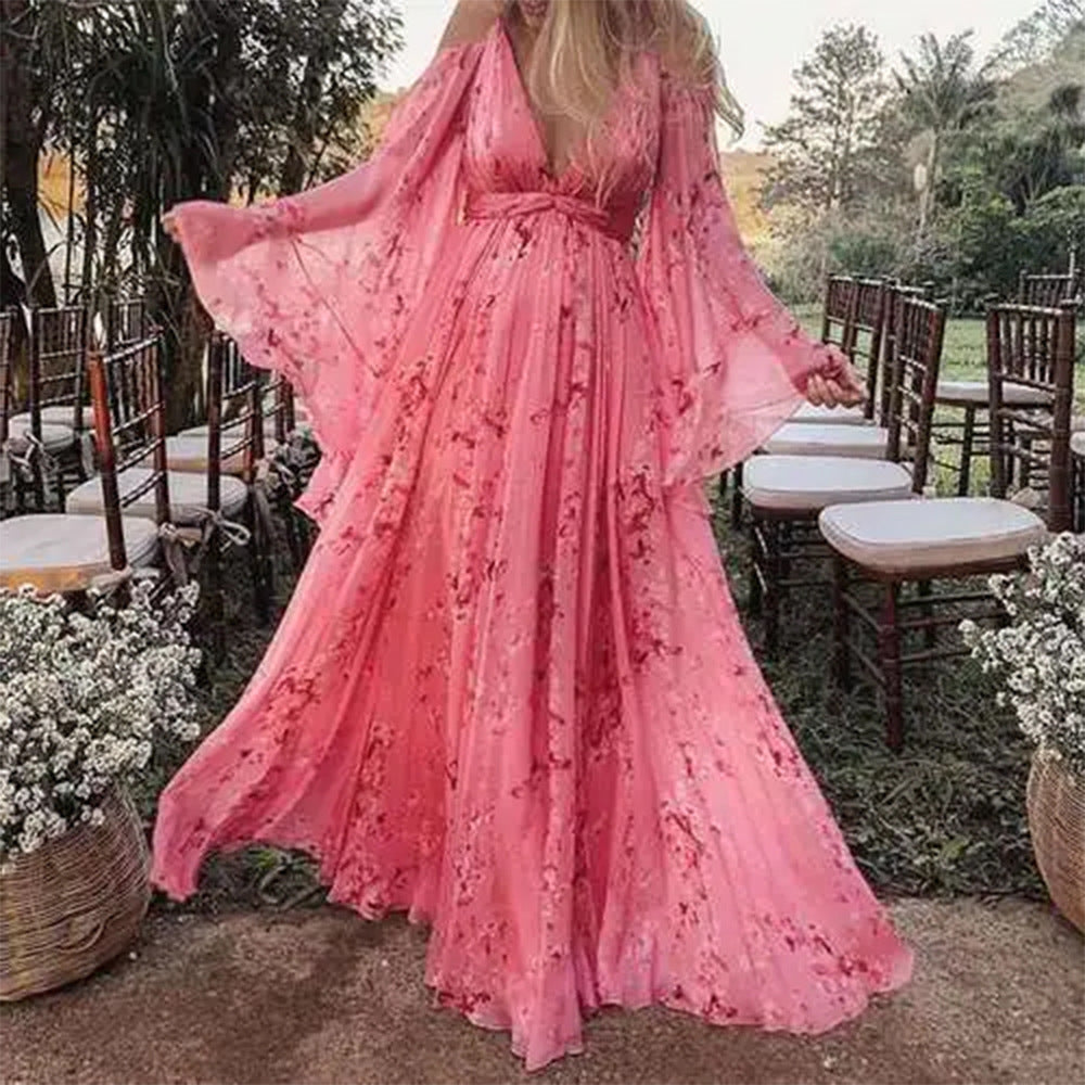 Schicke rosa Chiffonkleid mit auslaufenden Ärmeln - Isabelle