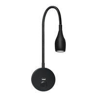 Schwarze LED-Leselampe mit flexiblem Hals und USB-Anschluss, modern, energiesparend.