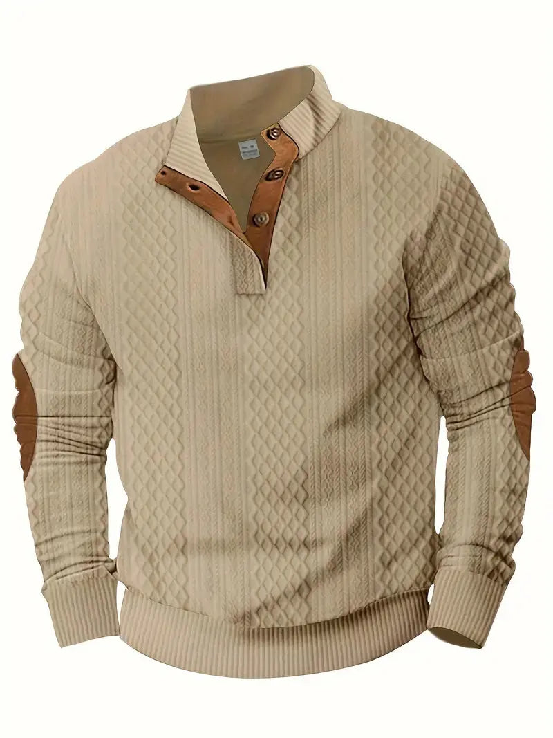 Beige Outdoor-Strickpullover mit Patches, Herrenmode, warm, stilvoll, Freizeitkleidung.