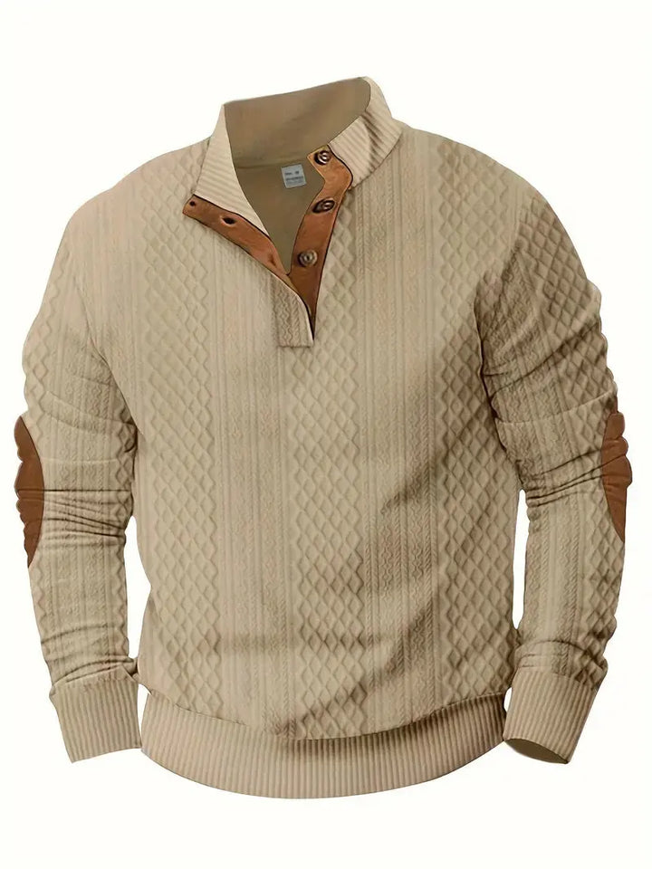 Beige Outdoor-Strickpullover mit Patches, Herrenmode, warm, stilvoll, Freizeitkleidung.