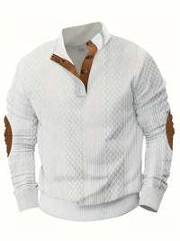 Weiße Strickpullover mit braunen Patches, Herrenmode, Outdoor, Baumwolle, stilvoll, bequem.