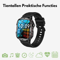 Schwarze Sport-Smartwatch, IP68 wasserdicht, mit farbigem Display und Fitnessfunktionen.