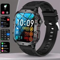 Schwarze Sport-Smartwatch, IP68 wasserdicht, Fitness-Tracker, Touchscreen, Outdoor-fähig.
