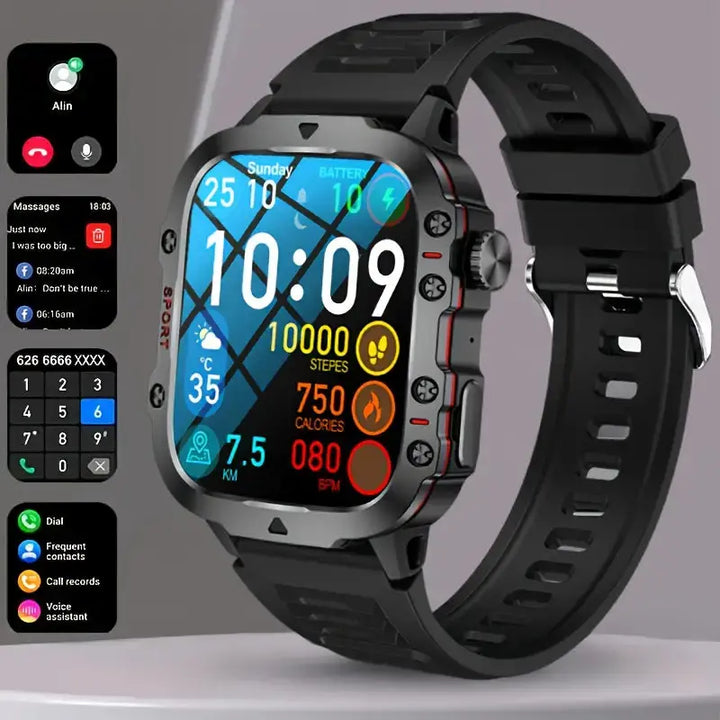 Schwarze Sport-Smartwatch, IP68 wasserdicht, Fitness-Tracker, Touchscreen, Outdoor-fähig.