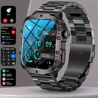 Outdoor-Smartwatch, IP68 wasserdicht, Edelstahlarmband, Fitness-Tracker, schwarz, Sportuhr.