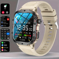 Outdoor-Smartwatch, IP68 wasserdicht, beige Armband, Fitness-Tracker, Touchscreen, Sportuhr.
