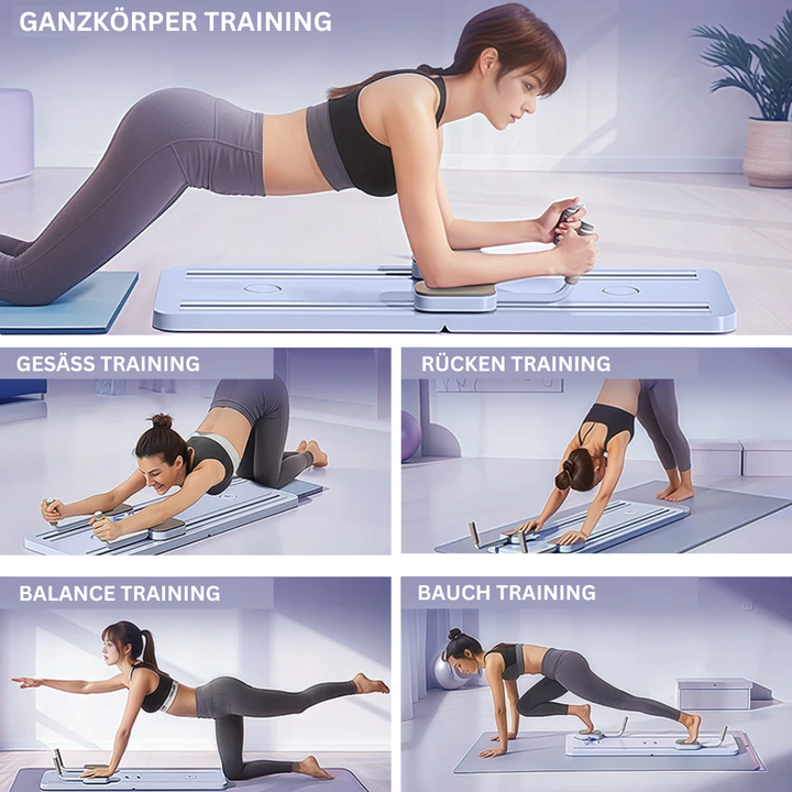 Frau trainiert auf Pilates Reformer, Ganzkörper-Workout, Fitness, Heimtraining, Sportgerät.
