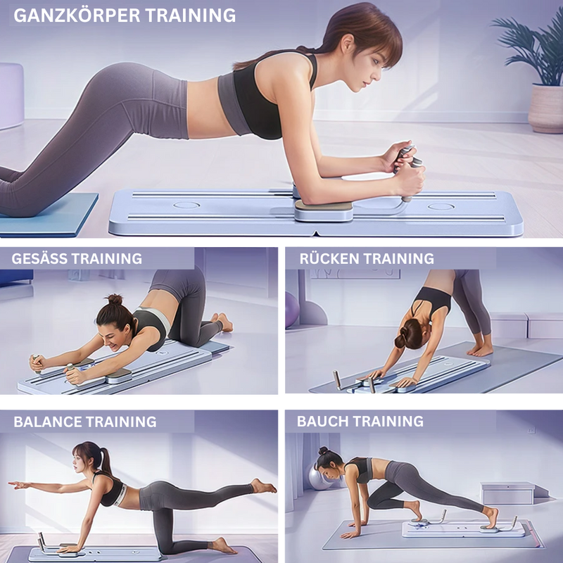 Frau trainiert auf Pilates Reformer, Ganzkörper-Workout, Fitness, Heimtraining, Sportgerät.