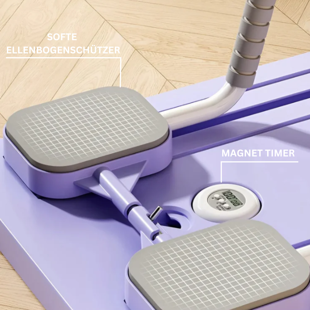 Lila Pilates Reformer mit weichen Ellenbogenschützern und Magnet-Timer auf Holzfußboden.