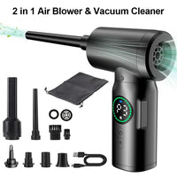 2-in-1 Luftgebläse und Staubsauger, schwarz, mit Zubehör, USB-Ladekabel, tragbar, effizient.