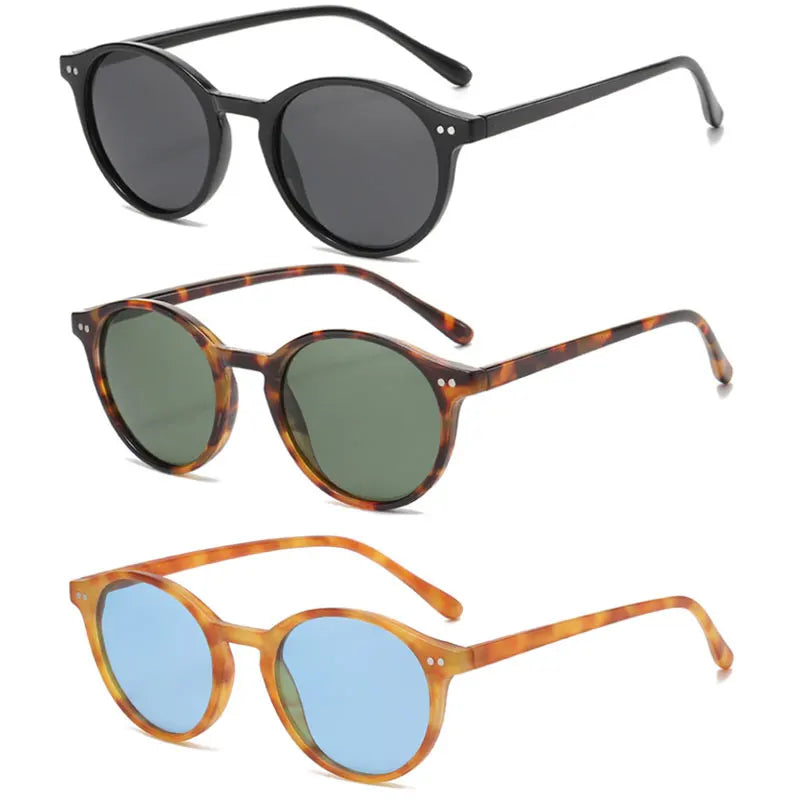 Drei runde Sonnenbrillen, schwarz, braun, gelb, mit getönten Gläsern, modisch, unisex.