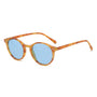 Runde Sonnenbrille, braunes Gestell, blaue Gläser, modisch, Unisex, Accessoire.