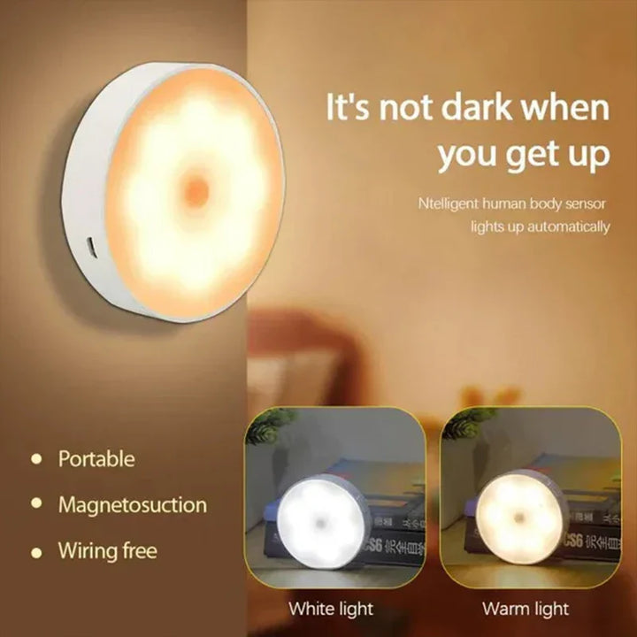 Runde LED-Nachtlampe mit Bewegungssensor, warmes und weißes Licht, kabellos, magnetisch.