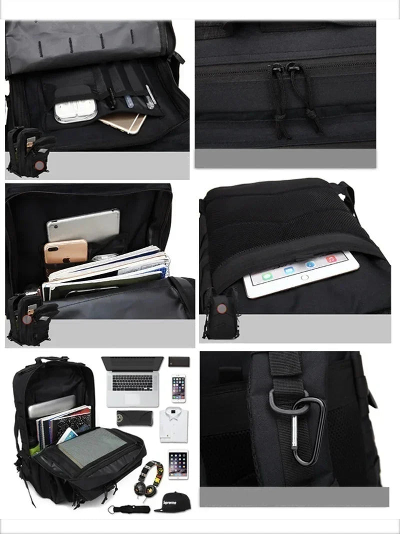 Schwarzer taktischer Rucksack mit Laptopfach, USB-Anschluss, mehreren Taschen und Karabiner.