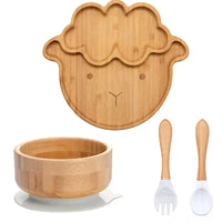 Bambus Kindergeschirr Set, Schaf-Design, Teller, Schüssel, Besteck, umweltfreundlich, rutschfest.