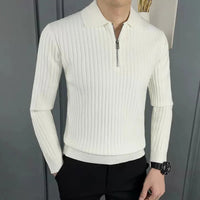 Weißer Herrenpullover mit Reißverschluss, gerippt, langärmelig, modisch, elegant.