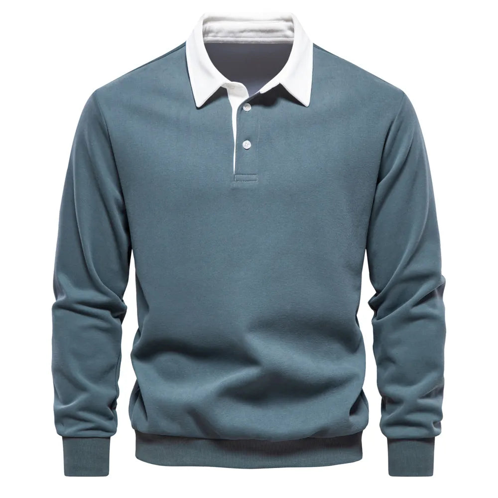 Blauer Herren-Pullover mit weißem Kragen, Langarm, Baumwolle, klassisches Design.