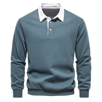 Blauer Herren-Pullover mit weißem Kragen, Langarm, Baumwolle, klassisches Design.