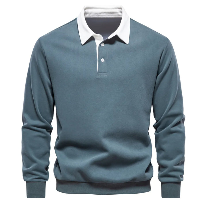 Blauer Herren-Pullover mit weißem Kragen, Langarm, Baumwolle, klassisches Design.