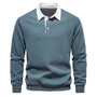 Blauer Herren-Pullover mit weißem Kragen, Langarm, Baumwolle, klassisches Design.
