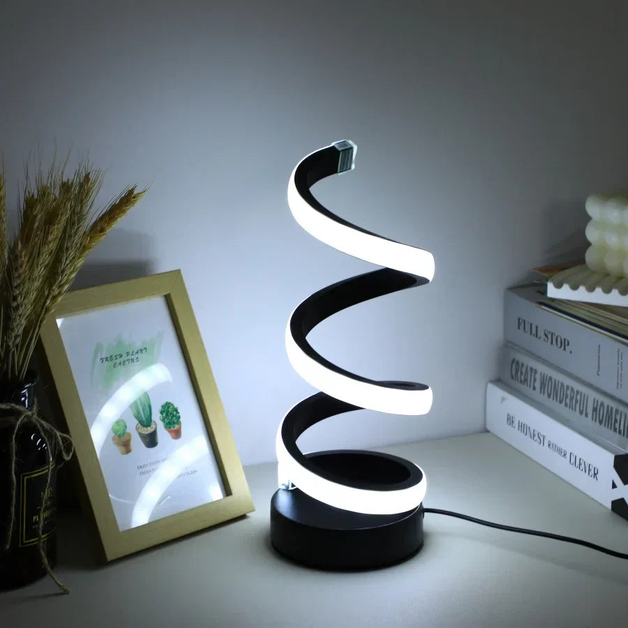 Moderne LED-Tischlampe, spiralförmig, schwarz-weiß, energiesparend, dekorativ, Schreibtisch.