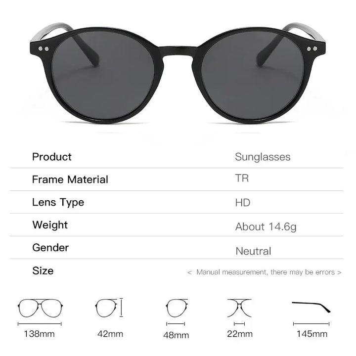 Schwarze runde Sonnenbrille, TR-Rahmen, HD-Gläser, unisex, leicht, modisch.