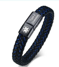Schwarzes geflochtenes Armband mit Typ-2-Diabetes-Gravur, Edelstahlverschluss.