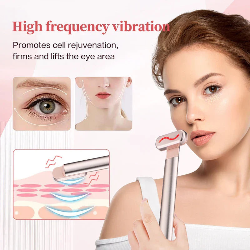 Frau mit Anti-Aging-Massagegerät, silber, für Augenpflege, Hautstraffung, Faltenreduktion.