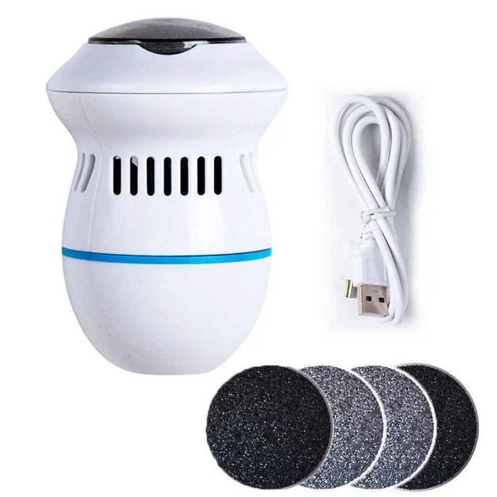 Elektrischer Hornhautentferner weiß, USB-Ladekabel, 3 Ersatzrollen, Pediküre-Set.