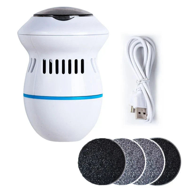 Elektrischer Hornhautentferner weiß, USB-Ladekabel, 3 Ersatzrollen, Pediküre-Set.