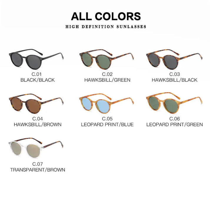 Sonnenbrillen-Kollektion, verschiedene Farben, runde Gläser, modisch, unisex, UV-Schutz.