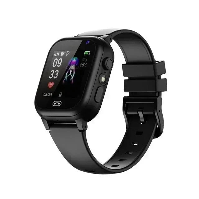 Schwarze Smartwatch mit Touchscreen, Fitness-Tracker, Herzfrequenzmesser, Armband aus Silikon.