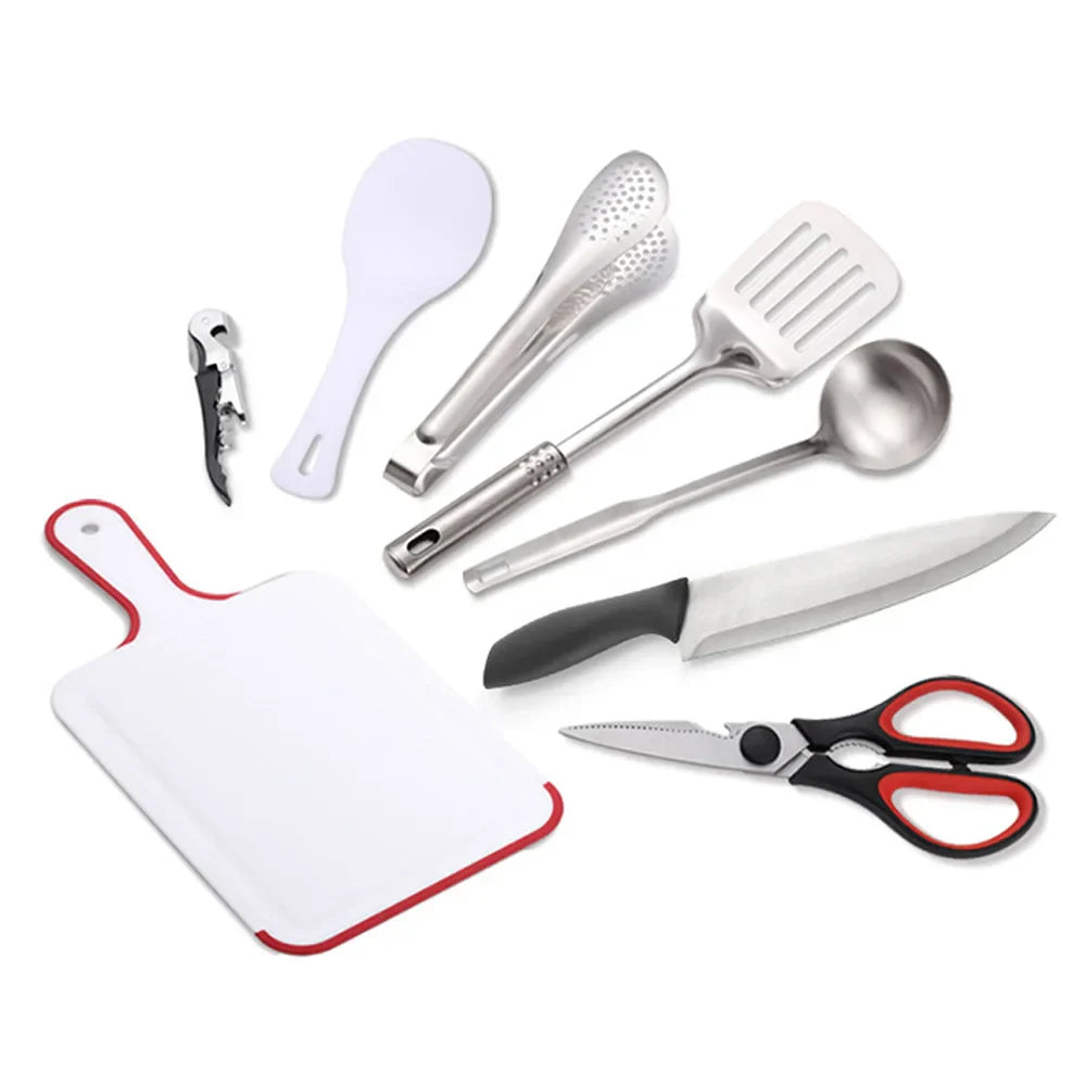 Küchenutensilien-Set aus Edelstahl und Kunststoff, inklusive Messer, Schneidebrett, Schere.